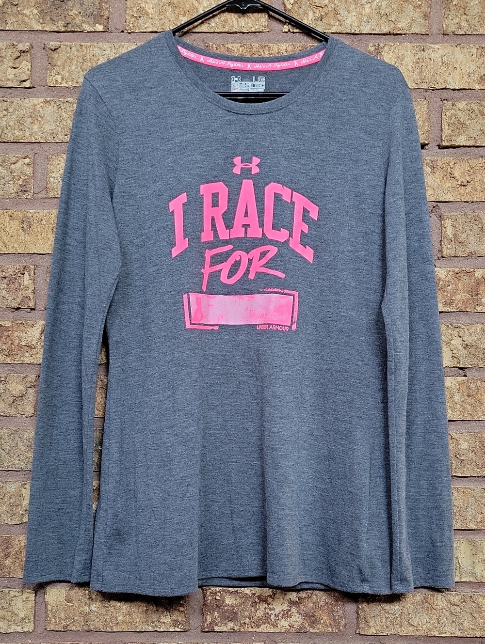 Under Armour Gray High Viz Pink 'I RACE FOR' Graphic Long Sleeve Stretch Size L